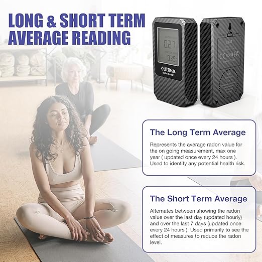 LifeBasis Radon Detector, Radon Test for Home with Long and Short Term Radon Meter, Home Radon Gas Monitor US Version-pCi/L (Update Version, Carbon Fiber Color)