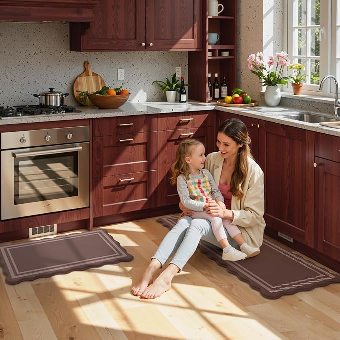 KIMODE Anti Fatigue Kitchen Mats for Floor, Farmhouse Scalloped Rugs for Kitchen Floor, Boho Kitchen Rugs Non Slip, Cushioned Standing Mats for Laundry Office Sink Desk Brown 17"x47"+17"x29"