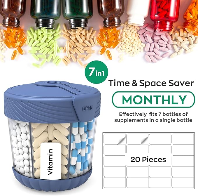 Large Pill Dispenser with 7 Compartments, Portable Pill Bottle Organizer for Travel, Anti-Mix Supplement Organizer Easy Twist Wide-Opening, BPA-Free Pill Box Container with 20Pcs Labels,Blue