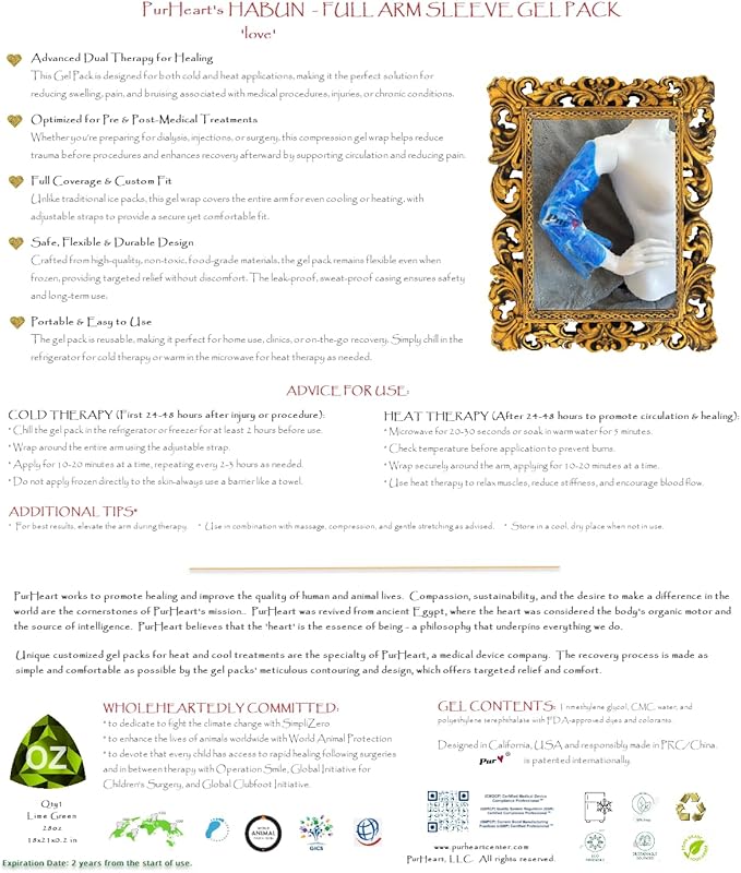 HABUN - Recovery Gel Pack Wrap Sleeve for The Arm - Apply as Heat and Cold Therapy (Dialysis - Therapeutic Injections - Orthopedic/Arm Surgeries, Cardiac Catheterization). Color = Emerald Gr.
