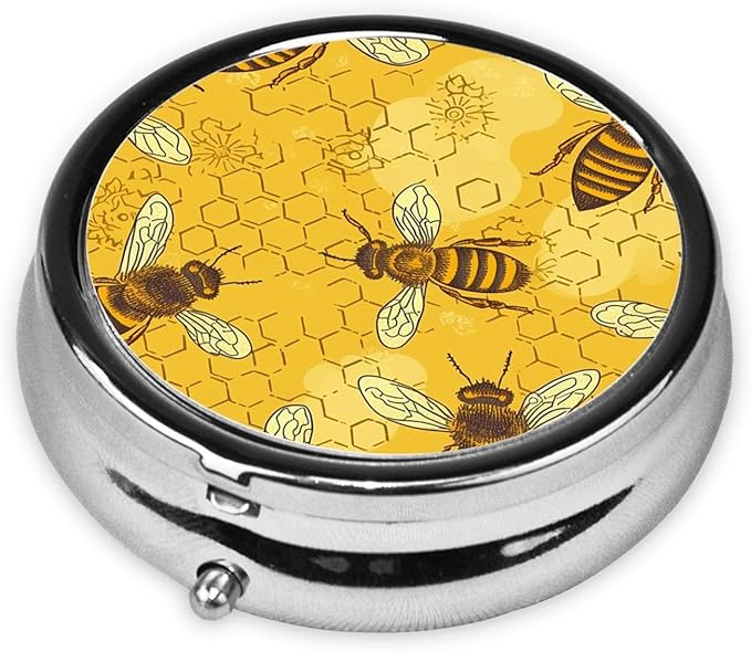 Honeybee Yellow Print Pill Box 3 Compartment Small Pill Case Portable Pill Box for Pocket Or Purse Cute Medicine Organizer Holder to Hold Vitamins Medication