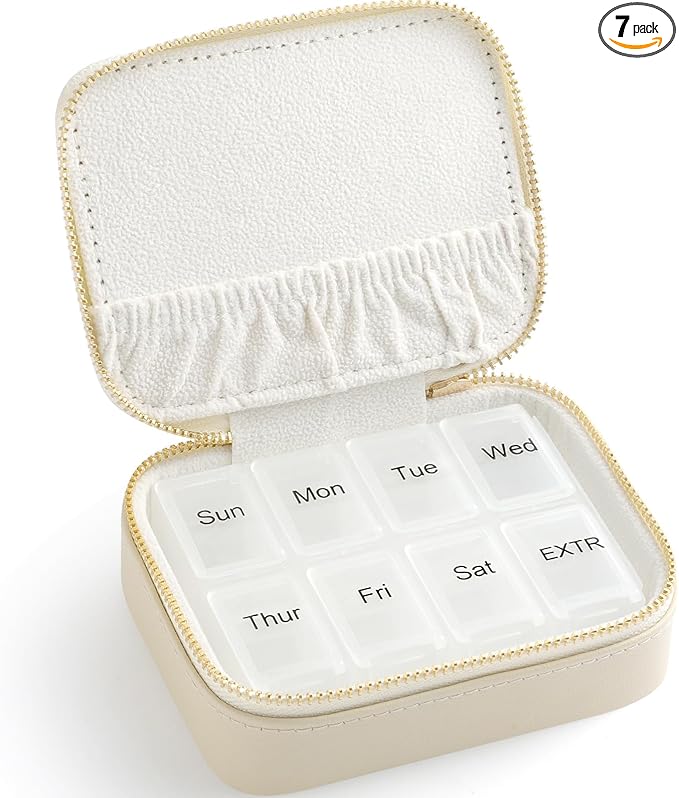 Genuine Leather Travel Pill Organizer Box Case 1 Times a Day for Purse for Women, Cute Medicine Pill Holder Containers for Vitamin Small Weekly Daily 7 Day Am Pm Pill Organizer(Beige)
