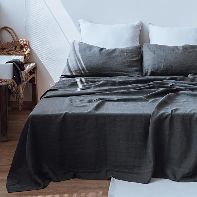 Simple&Opulence Washed Linen Bed Sheet Set Basic Style 4 Pieces (1 Flat Sheet & 1 Fitted Sheet & 2 Pillowcases) 100% Natural French Flax Soft Breathable Farmhouse Bedding (Queen, Dark Grey)