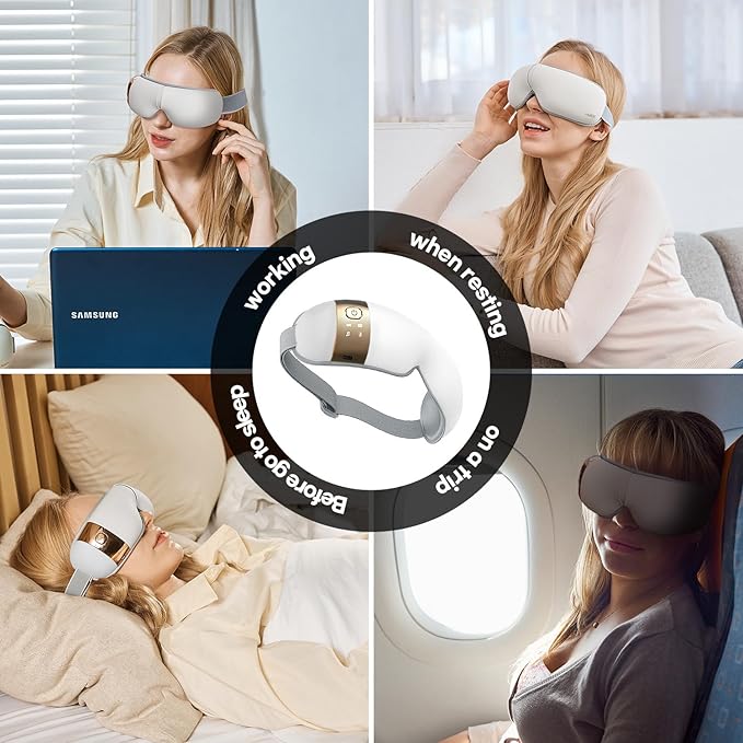 HubiCare Eye Massager with Heat, Vibration, and Music Helps Relieve Strain, Dark Circles, Dryness, and for Migraine Relief Relaxation and Better Sleep Valentines Day Gifts for Women/Men (White)