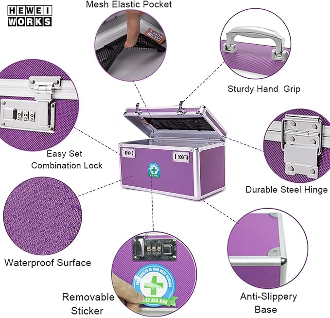 Locking Box with Portable Storage Case, 14.2''x 7.2''x 8.2''，Childproof Medication Lock Organizer, Lockbox for Documents，Medicine & Valuables (Purple/Large)