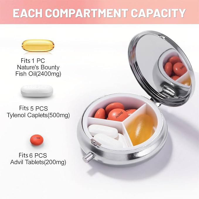 Mini Pill Box for Purse, Vintage Pill Case for Medicine Fish Oils Vitamins, Cute Small Metal Pill Holder Case Container for Purse, Pocket, Travel