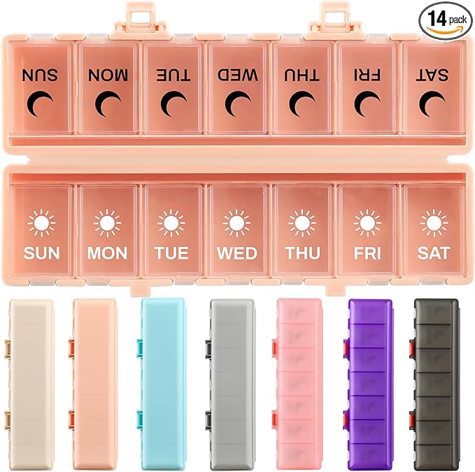 Foldable Pill Organizer Weekly 2 Times a Day, 7 Day Portable AM PM Travel Pill Case with Black&White Labels, Dual-Protection Daily Medicine Box, Large Pill Container for Vitamin/Supplement-Pink