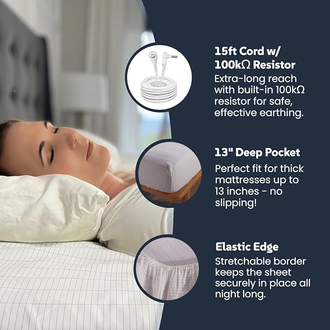 OKOHEY Grounding Fitted Sheets with 15ft Earthing Cord, Twin XL Size, 90% Organic Cotton + 10% Silver Fiber, Soft & Breathable Grounded Sheet for Better Sleep and Enhanced Wellness, White