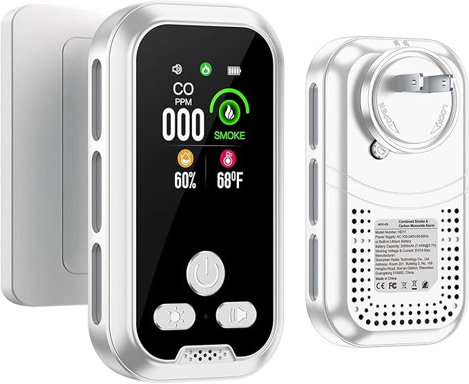 4in1 Plug in Smoke & Carbon Monoxide Detector Combination Builti-in 2000mAh Backup Battery HD Screen [Smoke CO Temp Humidity Sensor] for Home Hotel Travel (1 Pack, White)