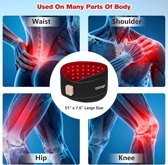 Red Light Therapy Belt for Back Pain Relief, Portable 660nm Light Therapy Wrap for Body and Waist, Rechargeable Cordless Controller SMD 3 in 1 Bulb Light for Joint Pain Relief Muscle Relax