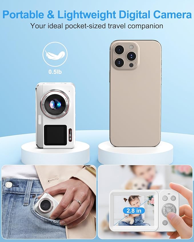 5K Digital Camera, 80MP Dual Screen Autofocus Vlogging Camera, 18X Zoom Point and Shoot Camera for Photography, Flash, 32GB Card, 2 Batteries, Compact Camera for Teens Adults (White)