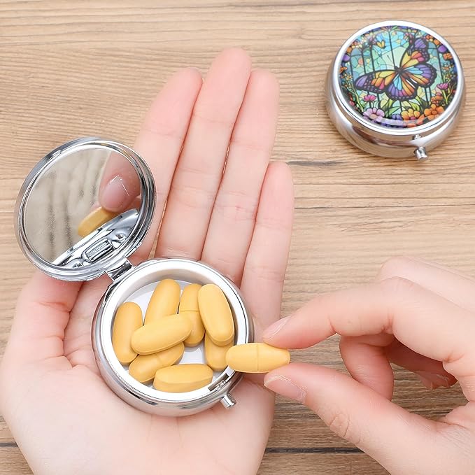 Sibba 2Pcs Portable Medicine Pill Case Moisture Proof Pocket Pill Organizer Dispenser Cute Compact Nice Tablet Box Bee&Butterfliy Medicine Pills Box Metal Pillbox with Mirror for Vitamins, Fish Oil