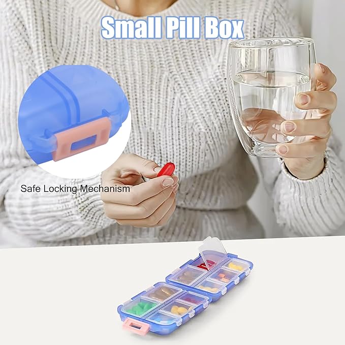 Travel Pill Organizer, 10 Compartments Pill Cases Waterproof Plastic Pill Box Small Medicine Organizer with Buckle Lock Weekly Portable Medicine Container for Purse(Blue)