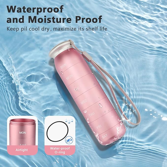 Weekly Pill Organizer, Portable Travel 7 Day, Waterproof Container, Large, Aluminum, Metal, Hold Vitamins, Cod Liver Oil, Supplements and Medications (Pink)