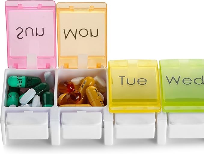 7 Day Pill Organizer - with Push Button Assisted Open a Daily Travel Pill Box Case Planner and Large Compartments for Medication Vitamins Fish Oil & Supplements, BPA Free