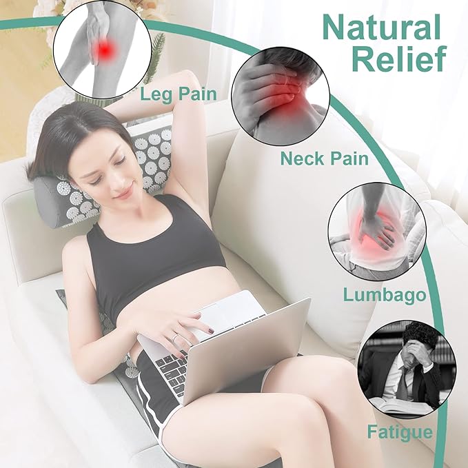 XiaoMaGe Acupressure Mat and Pillow Set with Bag - Large Size 28.7 X 16.5 inch Acupuncture Mat for Neck & Back Pain, Muscle Relaxation Stress Relief, Sciatica Pain Relief Pillow (Gray)