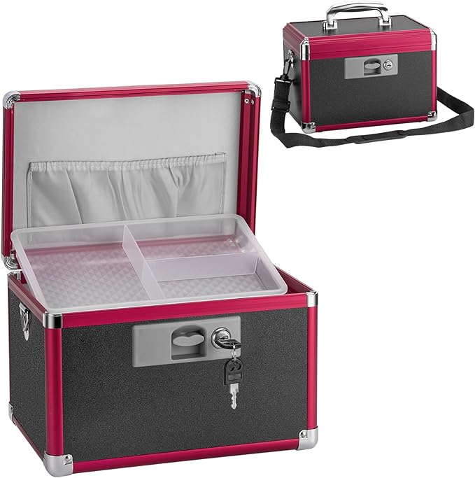 Medium Medication Lock Box with Key (11.2"x7.6"x7.6")- Childproof Aluminum Medicine Storage Safe for Prescriptions & First Aid - Secure Portable Pill Organizer for Travel, Home (Black & Red)