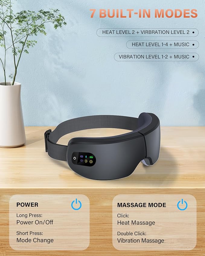 Eye Massager with Heat, 7 Heating and Vibration Modes, Eye Mask, Birthday Gifts for Women, Men, Friend, Mom and Dad, Sleep Mask for Relax, Migraine Relief, Improve Sleep, Black