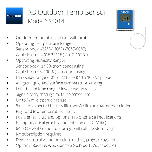YoLink Smart X3 Version Outdoor Temperature Data Logger with Probe, Thermometer, 1/4 Mile Range, 5+ Years Battery Life, Emails, Text, App Alerts, Alexa, IFTTT. Pool, Hot Tub, Fish Tank. Hub Required!