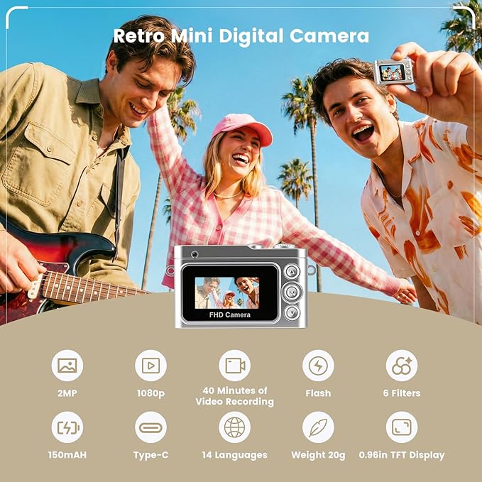 Retro Keychain Camcorder, 1080P Mini Keychain Camera with 32G SD Card, Tiny Video Thumb Camera with 0.96" Screen, Teens Portable 20g Pocket Digital Camera with Flash for Vlogging, Travel, and EDC