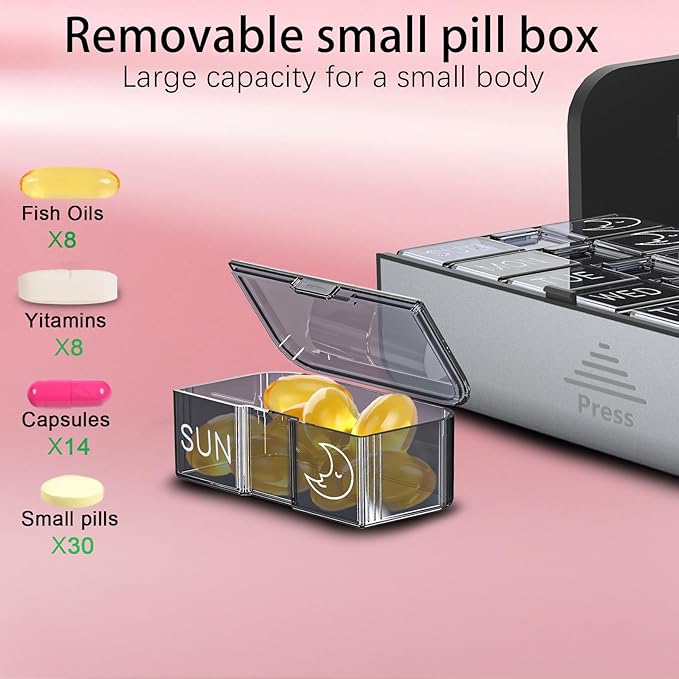 Pill Organizer 7 Day AM PM, Discreet 2 Times a Day Weekly Pill Box with Double Protection Shell, Large Capacity Portable Vitamin Case for Travel Meds & Medicine Organizer (Silver and Pink)