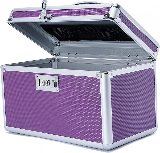Combination Locking Medicine Box with Portable Storage Case，12.2''x 7.2''x 7.6'', Childproof Medication Lock Organizer，Lockbox for Secure Cash, Jewelry, ID Documents (Purple/Medium)