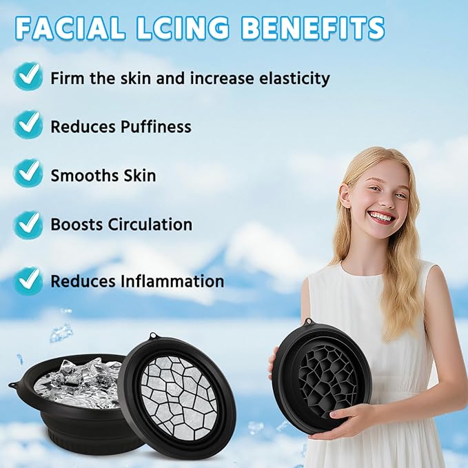 Face Tub for Ice Bath with Built-in Ice Tray – Collapsible Silicone Facial Ice Bath Bowl for Cold Plunge Therapy, Skin Tightening & Acne Relief – Portable Spa Tool for Home & Travel (Black)