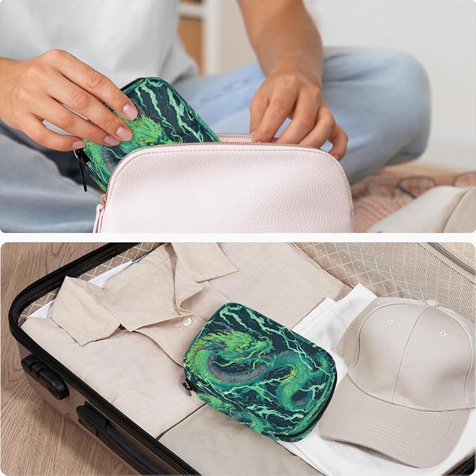 Abstract Green Dragon Pill Case Travel Pill Organizer Weekly 7 Day Portable with Zipper Medicine Box Pill Case for Vitamins, Birth Control,Fish Oils,Medication, Supplements