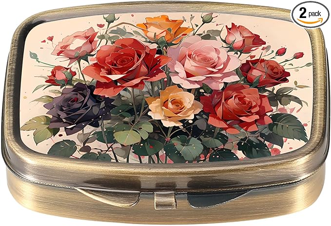 Dynippy Pill Case Pill Box with Mirror Retro Pocket 2 Compartment Medicine Case Vitamin Pill Organizer for Pocket Purse and Travel (Cute Flower)