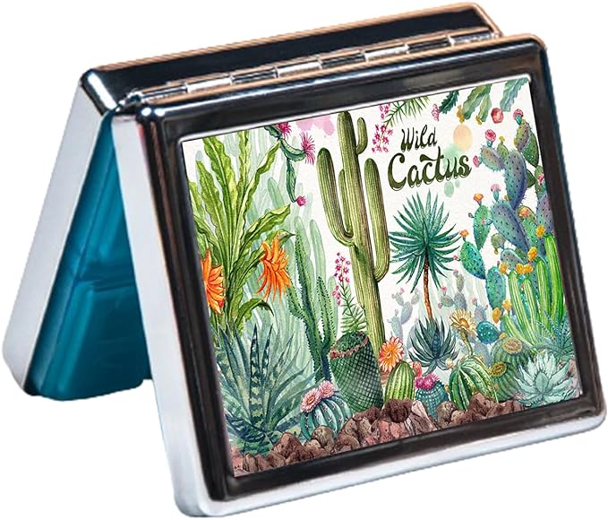 Silver Vintage Pill Box 7 Day Metal Pill Box with Mirror and 8 Compartments Cute Travel Pill Organizer for Purse (Green Tropical Plant Cactus)