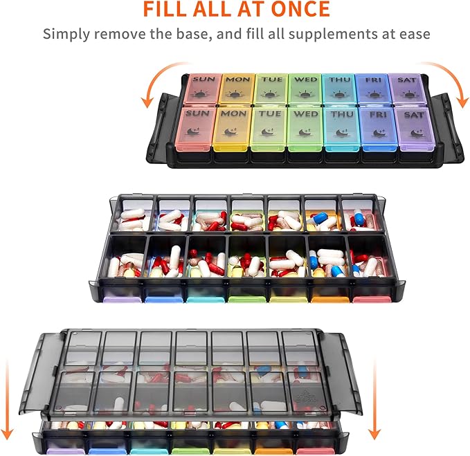 Extra Large Pill Organizer 2 Times a Day, FGcase Easy Fill AM PM Pill Box, Large Capacity Quick-Refill 7 Day Pill Cases for Pills/Vitamin/Fish Oil/Supplements Rainbow Black