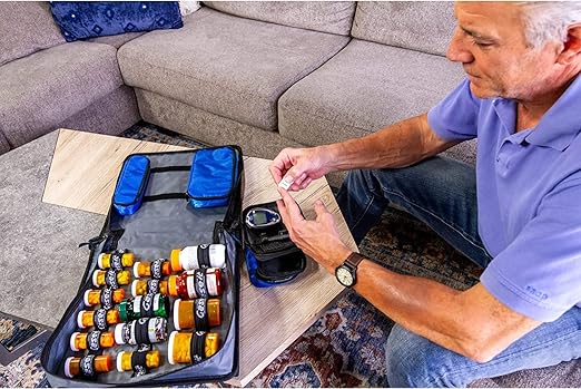 Med Manager Medicine Organizer and Binder, Removable Pouches, Detachable 5-Tab Expanding File Folder, Holds (15) Pill Bottles - (11) Standard Size and (4) Large Bottles, Black, 13 x 13 x 4.5 inches
