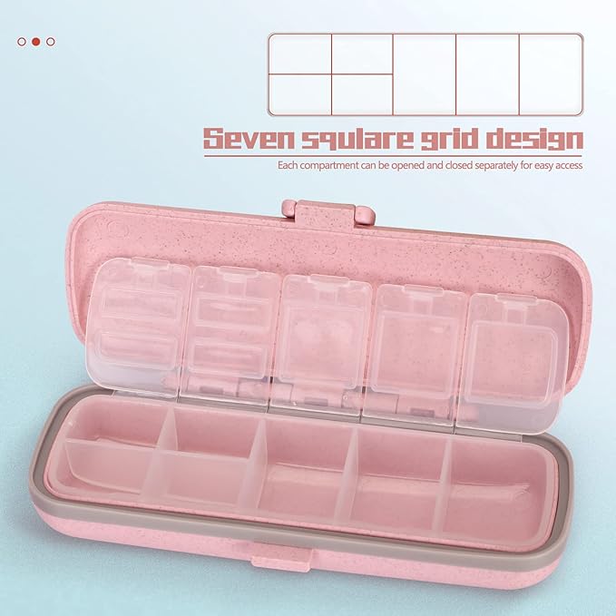Naturetouch Pill Organizer, 7 Compartments Pill Box Portable Travel Medicine Organizer for Purse or Pocket 7 Day Pill Dispenser Storage Case with Lock for Vitamin Medication Fish Oil Supplements Pink