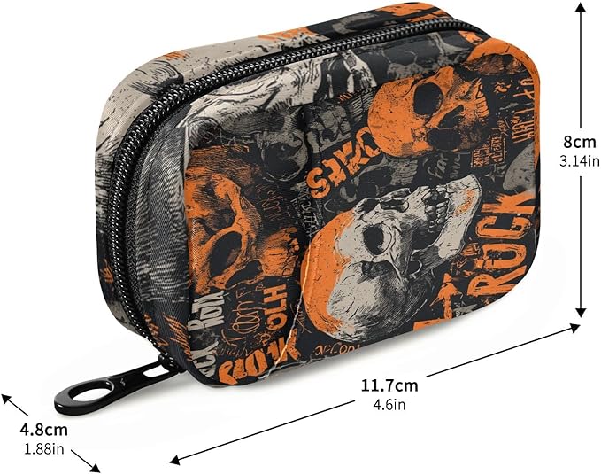 Orange and Grey Vintage Rock Skulls Travel Pill Organizer Case Box Container Weekly Portable Vitamin Medicine Holder Storage Bag with Zipper Removable