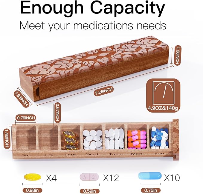 Wooden Pill Organizer, 7 Day Pill Box, Travel Pill Box, Wooden Pill Case Privacy Protection Perfect for Medication, Vitamins, Fish Oils, Supplements（Sapele）