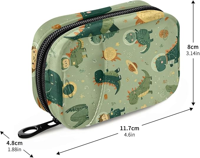 Green Cute Space Dinosaurs Travel Pill Organizer Case Box Container Weekly Portable Vitamin Medicine Holder Storage Bag with Zipper Removable