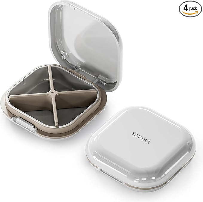 Small Pill Case, Travel Pill Organizer, Small Pill Box, Pill Container for Purse 4 Compartments, Daily Compact Travel Medicine Holder for Vitamins Medication (White Grey)