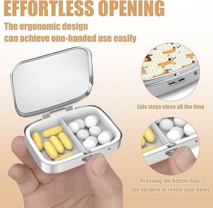 Pill Box-2 Compartment Small Pill Case Square Organizer Case with Mirror Portable Metal Medicine Box Travel Container for Pocket & Purse Women Men(Cute Dog)