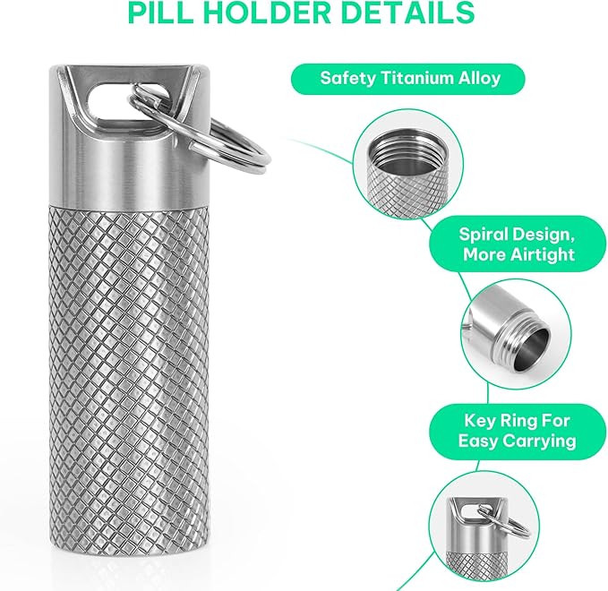 TISKY Portable Titanium Keychain Pill Holder(2pack), Pill Key Chain Container Waterproof,Pill Case Small Mini for Travel, Pill Box Container,Pill Bottles for Pocket Outdoor Camping