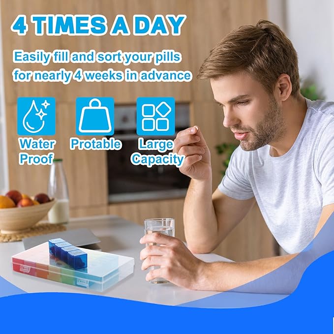 JMIATRY 6 Pack 7 Day Pill Organizer 4 Times a Day Large Weekly Pill Organizer 28 Compartment Daily Medicine Pill Box 7 Day Pill Container Holder to Hold Fish Oils, Vitamin (8.2 x 4.9 x 1.2 Inch)