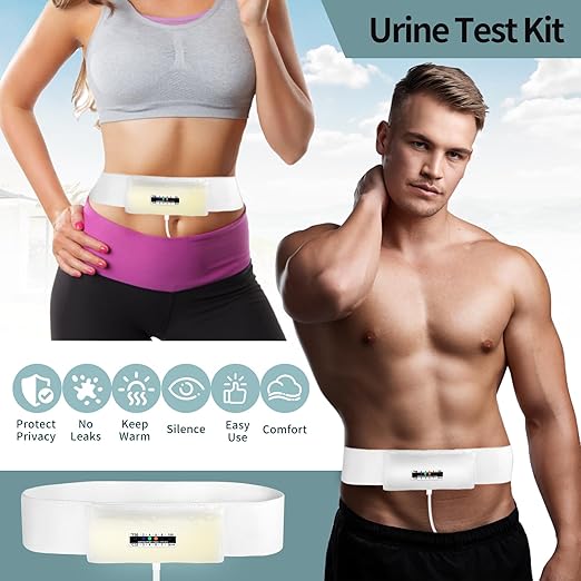 Urine Test Complete Kit with 2 to 4 oz Sample Bag, 5 Drain Outlets for Smooth Release, 43.3 inch Adjustable Concealed Belt, Temperature Indicators, Reusable System with Funnel and Clamps (Large)