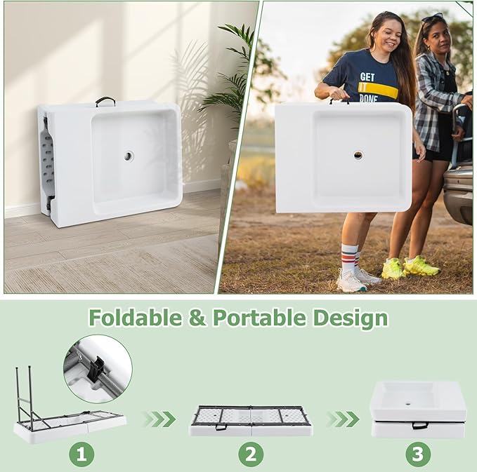 Giantex 5 FT Folding Ice Table with Double Sinks and Drains, Portable Ice Cooler Table with Removable Skirt, No Assembly, Foldable in Half, Fill and Chill Stand for Party Camping BBQ Wedding, White
