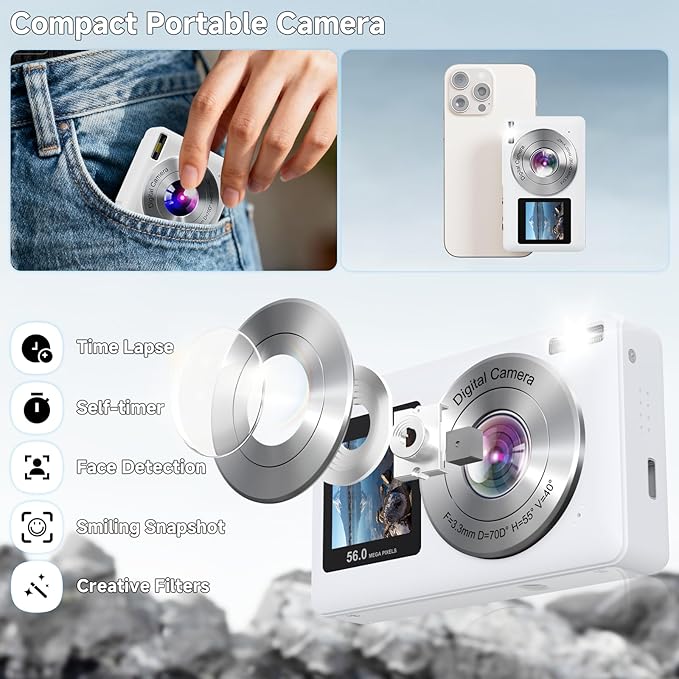 Digital Camera, 56MP 2.7K Dual-Screen Selfie Camera with 16X Zoom, 20 Filters & Anti-Shake, Portable Point and Shoot Digital Cameras with 32GB Card, Compact Travel Cameras for Beginners Teens Kids
