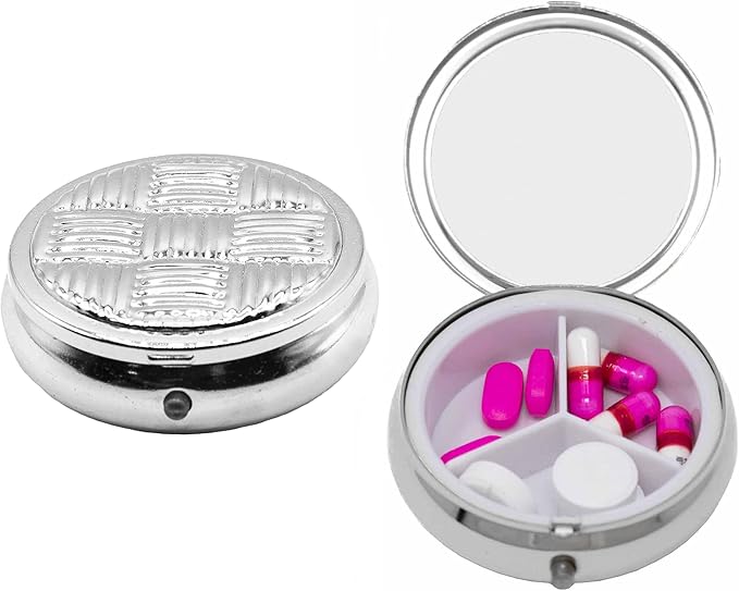 Set of 2 Circular Embossed Triple-Compartment Pocket Purse Pill Box & Organizer (Silver Weave)