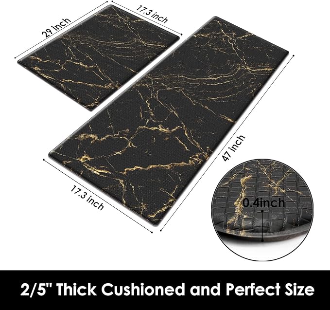 Arttown Anti-Fatigue Kitchen Rug Set of 2 Marble Black Gold Abstract Cushioned Floor Mat, Standing Waterproof Non-Slip Mat and PVC Ergonomic Comfort Foam Rug for Kitchen
