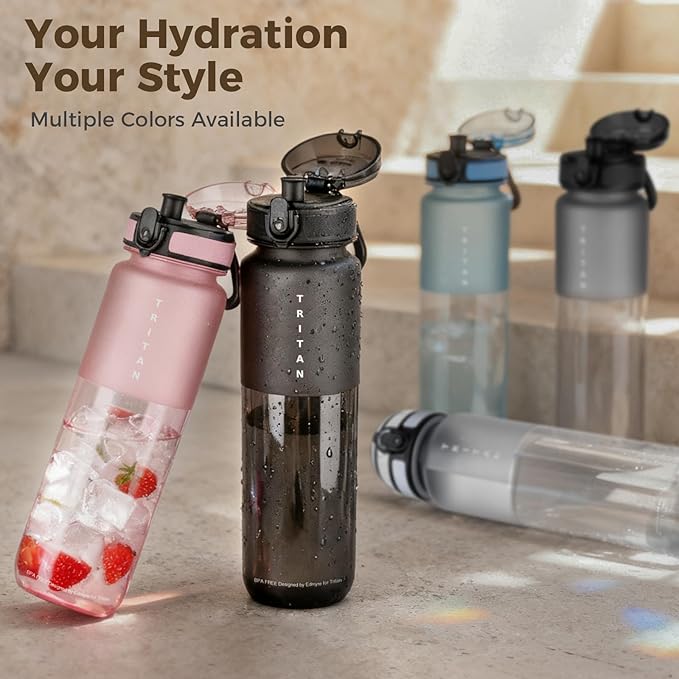 32oz Water Bottle with Chug Lid, Frosted & Clear Tritan BPA-Free, Leakproof, Wide Mouth, Portable Sports Water Bottle for Gym, Office, Travel, Outdoor (Transparent)