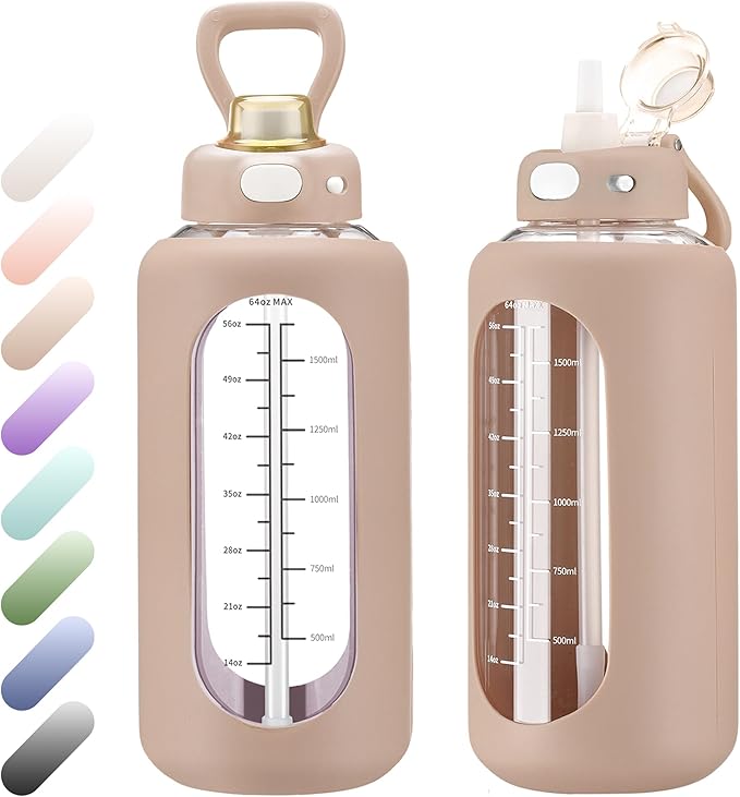 SIEROZUR 42 oz Glass Water Bottle with Straw and Handle Half Gallon Large Water Bottle with Silicone Sleeve and Time Marker Sports Water Jug Wide Mouth for Travel Gym