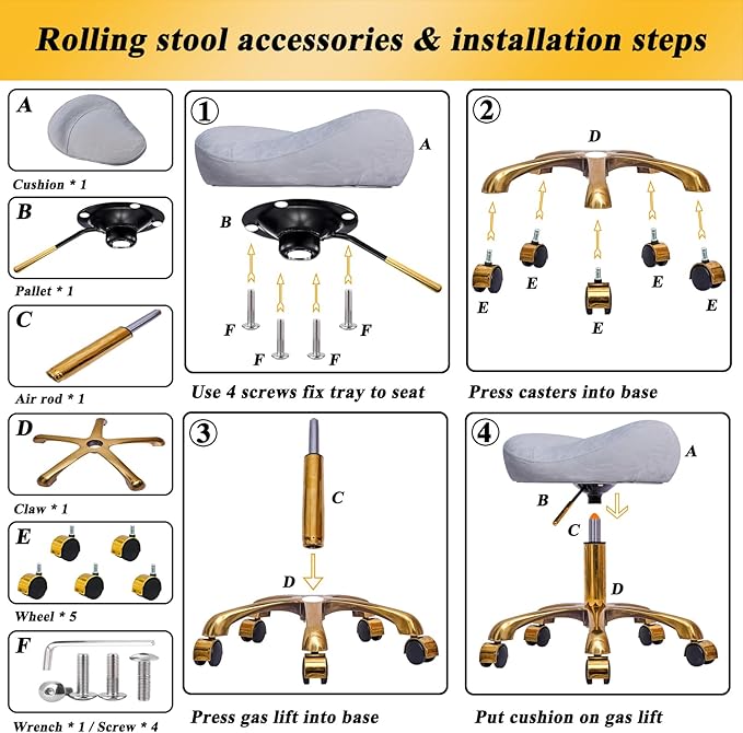 Saddle Stool Gold Rolling Stool with Wheels, PU Leather Roller Vanity Chair, Height Adjustable Swivel Saddle Chair for Pedicure, Tattoo, Massage, Salon, Spa (White)