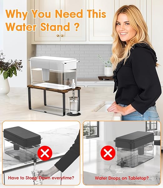 Water Filter Dispenser Stand Wood with Drip Tray - 7.9''W x 14.9''D x 7''H, Metal Stand Designed For Brita Filter, Compatible with Zero Water, PUR, Waterdrop etc