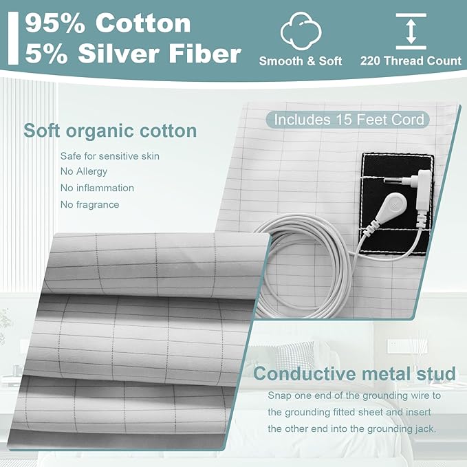Grounding Sheets Twin Size, Grounding Fitted Sheet 39x75x14 in,10% Pure Silver Fiber, Grounded Bed Sheets for Improved Sleep & Wellness (White, Twin)
